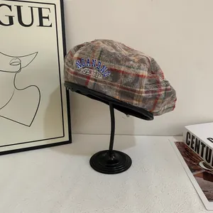 Vintage dark gray plaid beret with colorful check pattern and side embroidery detail