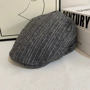 Dark gray herringbone beret with silver sequins and metal buckle for women