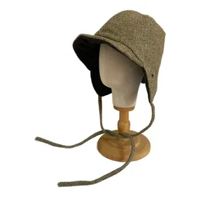 Japanese style double-sided Lei Feng earflap hat in green herringbone tweed fabric