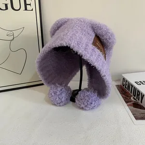 Cappello Invernale da Donna Carino con Orecchie di Orso in Velluto Teddy Paraorecchi Caldo con Pompon Maglia Felpata Antivento