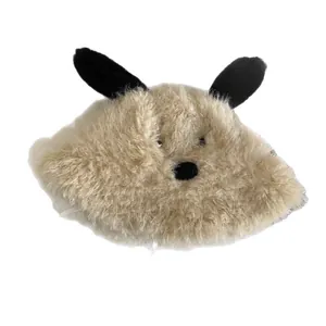 Cute plush puppy bucket hat with long ears for women, warm winter faux fur design