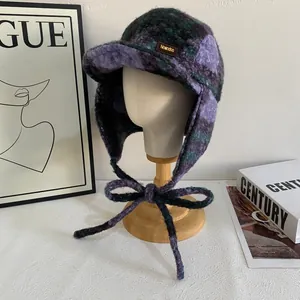 Chapka Vintage à Carreaux Hiver Chaud Faux Mouton Protection Oreilles Bonnet Aviateur Avec Lien Peluche Damier Léopard