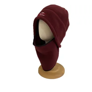 Gorro de vellón burdeos para invierno con máscara facial integrada y capucha cálida