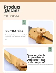 Detail of brass-finish utility knife with a rotary nut lock and stainless steel body