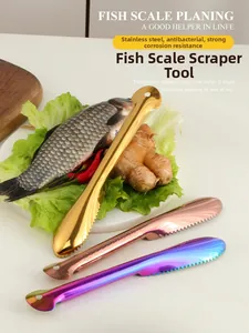 Close-up of colorful stainless steel fish scale scrapers on a wooden board with fresh ingredients