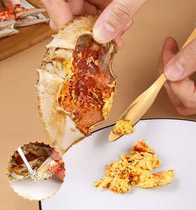 Close-up of gold-plated 304 stainless steel crab scoop tool extracting roe from a crab shell