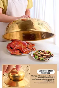 Macro view of golden stainless steel food cover with a circular top handle