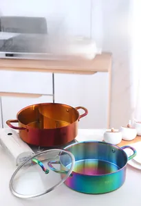 Detail view of 30cm rainbow titanium coated 304 stainless steel shabu shabu hot pot with lid