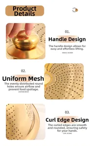 Detail of golden stainless steel food cover with top handle, mesh holes and smooth edges