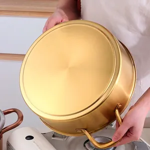 Golden brushed 304 stainless steel hot pot with dual handles and integrated bottom design