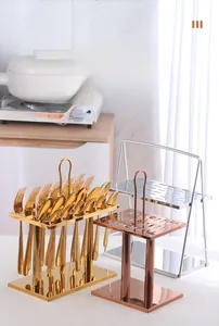 Vertical stainless steel cutlery rack shown in gold, silver, and rose gold finishes