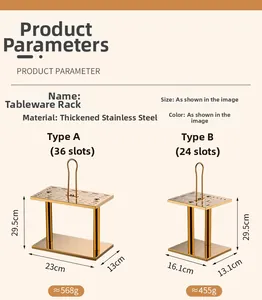 Size specifications for gold stainless steel cutlery rack with 24 and 36 hole options