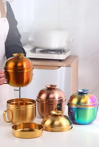 Close-up of insulated 304 stainless steel food containers in multiple metallic colors