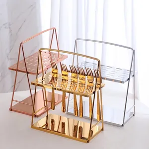 Double-tier stainless steel cutlery holder set in gold, rose gold, and silver finishes