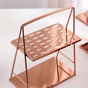Modern two-tier rose gold stainless steel cutlery organizer with handle and drainage tray