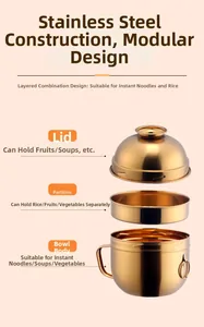Three-piece stainless steel tiered lunch box detail with golden brushed finish