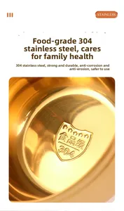 Detailed macro view showing food-grade 304 stainless steel stamp on the golden metal bowl