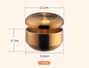 Macro view of 304 stainless steel gold bowl with brushed texture and lid dimensions