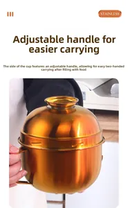 Close-up of the movable ring handle on a golden stainless steel food container for easy carrying