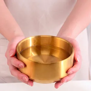 Golden double-layer 304 stainless steel insulated bowl with lid for soup and rice