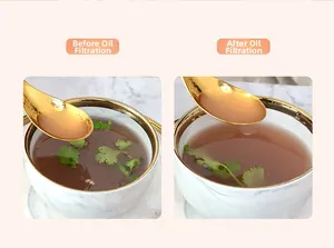 Detail view showing oil separation effect on a golden stainless steel spoon