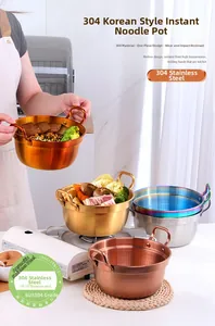 Detail of 304 stainless steel ramen pot with heat-resistant handles and gold finish