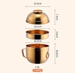 Detailed exploded view of gold 304 stainless steel 1.3L lunch box set with dimensions