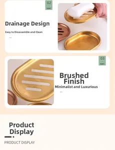 Detail of gold stainless steel soap dish featuring drainage holes and brushed metal texture