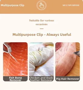 Detailed views of stainless steel tweezers removing fish bones, pig hair, and garlic skin