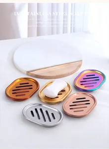 Detail of 304 stainless steel soap dishes in gold, silver, rose gold and rainbow finishes