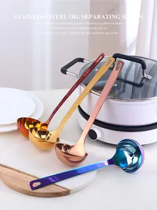 Detailed view of four stainless steel oil separator spoons in assorted metallic finishes