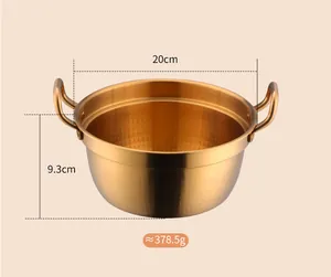 Detail view of a 20cm gold stainless steel pot with hammered texture and dimensions