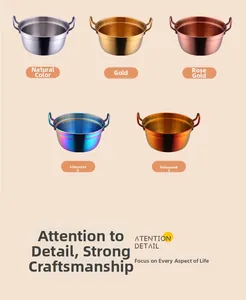 Detailed close-up of 304 stainless steel pots in silver, gold, and colorful finishes