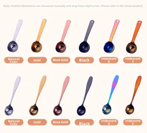 Close-up of stainless steel measuring spoons and coffee scoops in six metallic finishes