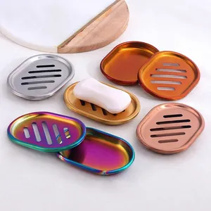 304 stainless steel double-layer draining soap dish set in various metallic finishes
