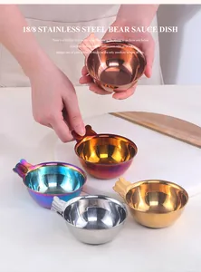 Close-up of bear-shaped 304 stainless steel sauce dishes in multiple metallic finishes