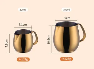 Comparison of golden 304 stainless steel milk frothing pitchers with detailed size specs