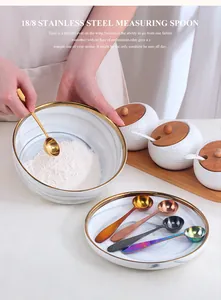 Action shot of long handle stainless steel measuring spoon scooping powder in kitchen