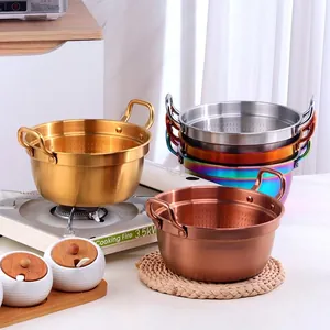 Set of 304 stainless steel ramen pots with dual handles in gold, silver, and rainbow colors