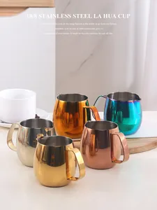 Detailed view of colorful 304 stainless steel milk frothing pitchers with sharp spout