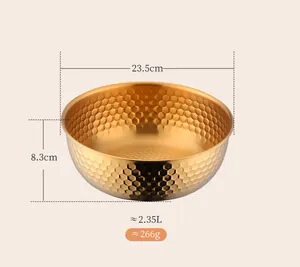 Detail view of 23.5cm golden hammered stainless steel salad bowl with size dimensions