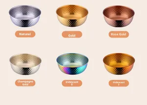 Detail view of hammered stainless steel salad bowls in six elegant metallic finishes