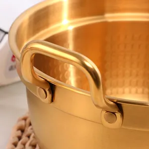 Golden 304 stainless steel Korean noodle pot with brushed finish and dual rivet handles