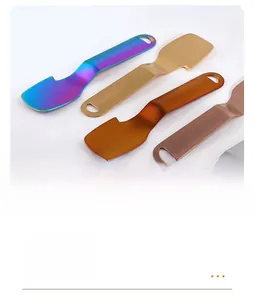 Detailed macro view of colorful 304 stainless steel citrus peelers with hanging holes