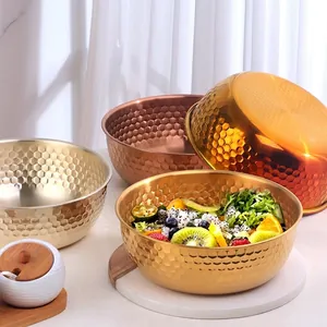 Stainless Steel Hammered Salad Bowl Honeycomb Texture Mixing Bowl For Fruit Vegetable Kitchen Cooking Gold Silver Rose Gold Iridescent Modern Minimalist Dining Ware