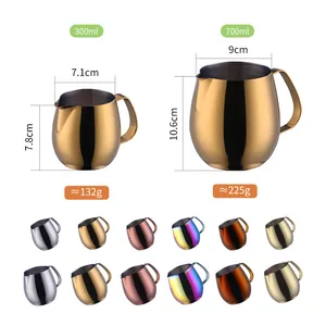Stainless steel milk frothing pitcher in multiple colors and sizes for barista coffee art