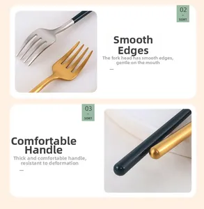 Detailed view of matte silver and gold dessert forks with ergonomic black round handles