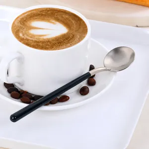 304 stainless steel coffee spoon with matte black handle on a white ceramic saucer