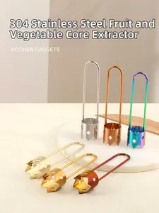 Detailed macro view of multi-color 304 stainless steel kitchen corers on a marble tray