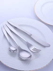 Close-up of matte stainless steel cutlery set with knife, fork and spoons on white ceramic plate